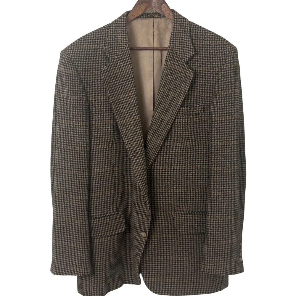 Stafford Blazer Men46L Tan Black Houndstooth Plaid Sport Coat 2B Wool Camel Hair